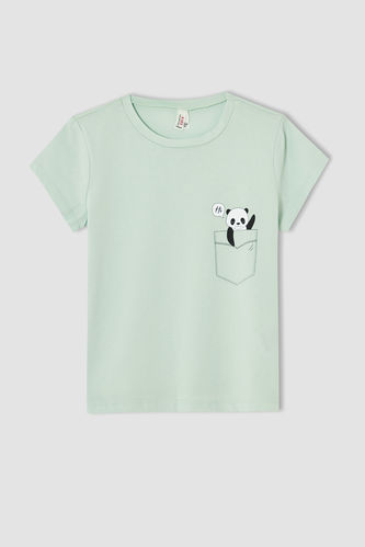 Kız Çocuk Panda Baskılı Kısa Kol Tişört