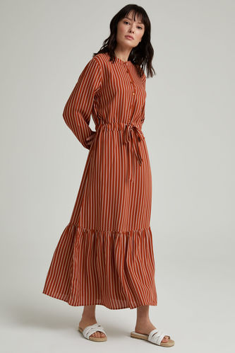 Modest- Patterned High Neck Long Sleeve Midi Dress With Elastic Cuffs And Waist Tie