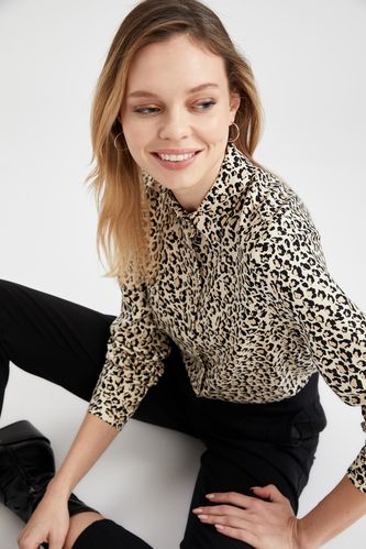 Modest- Long-Sleeved Regular Fit Woven Cheetah Tunic