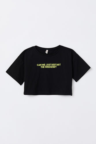 Girl Text Print Cropped Short Sleeve Crew Neck T-Shirt