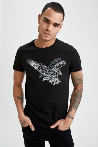 Short-Sleeved Slim Fit Crew Neck Eagle Print T-Shirt