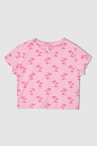 Kız Çocuk Palmiye Desenli Crop Kısa Kollu Tişört