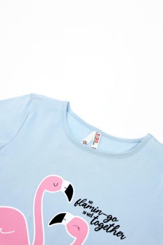 Bleu FILLES T shirt manches courtes imprim flamant rose pour