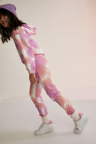 Girl Cropped Fit Crew Neck Hooded Tie-Dye Tracksuit