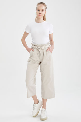 Paperbag Fit Kuşaklı Culotte %100 Pamuk Pantolon