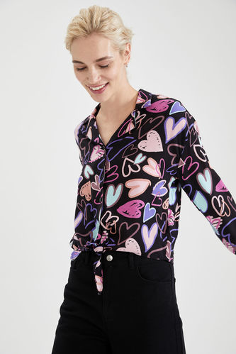 Long-Sleeved Relaxed Fit Heart Print Shirt