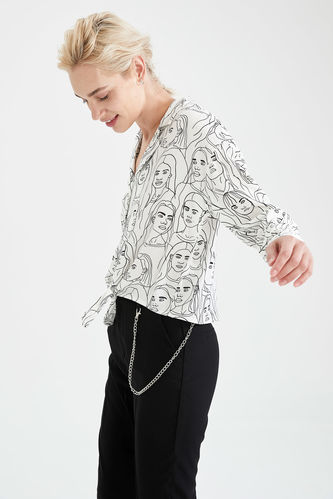 Long-Sleeved Relaxed Fit Heart Print Shirt