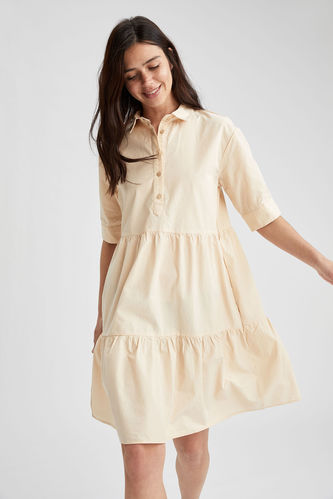 Volan Detaylı Gömlek Yaka Poplin Yazlık Mini Elbise