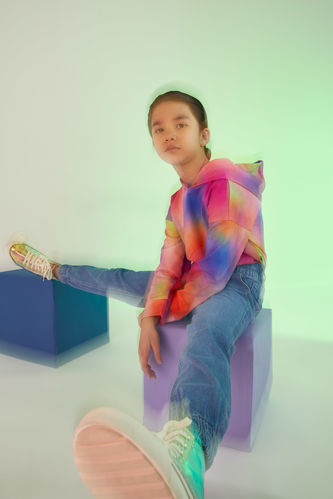 Kız Çocuk Batik Desenli Kapüşonlu Sweatshirt