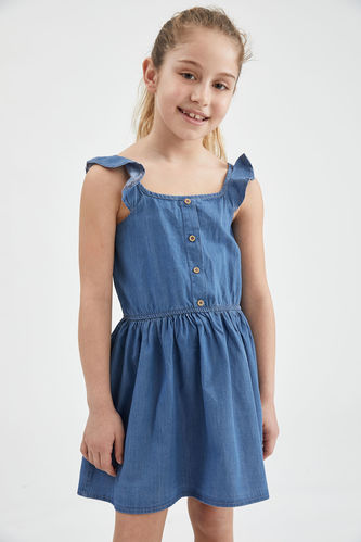 Girl Fit And Flare Denim Jean Dress With Ruffle Sleeves