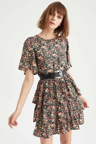 Short-Sleeved Woven Frilled Floral Print Dress