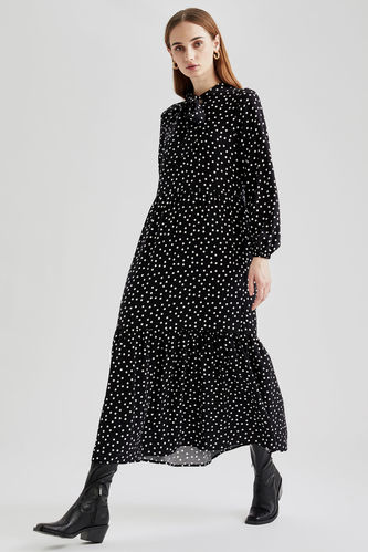 Modest- Long-Sleeved Relaxed Fit Woven Dotted Dress