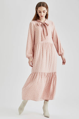Modest- Long-Sleeved Relaxed Fit Woven Dotted Dress