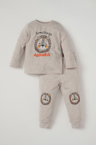 Erkek Bebek Sevimli Aslan Baskılı Sweatshirt ve Eşofman Altı Takımı