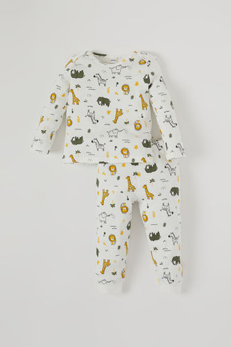 Erkek Bebek Sevimli Hayvan Baskılı Pamuklu Pijama Takımı