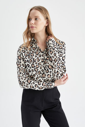 Oversize Fit Leopard Patterned Satin Shirt Tunic
