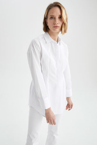 Oval Hem Long-Sleeved Fitted Shirt Neck Top