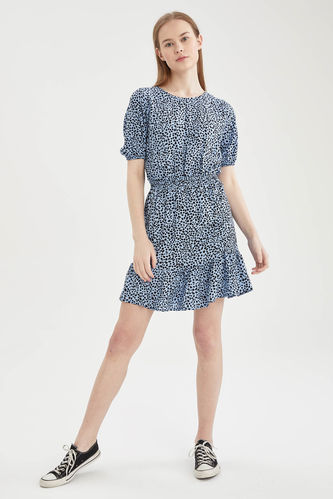 Rib Hem Short-Sleeved Fit And Flare Crew Neck Woven Dress