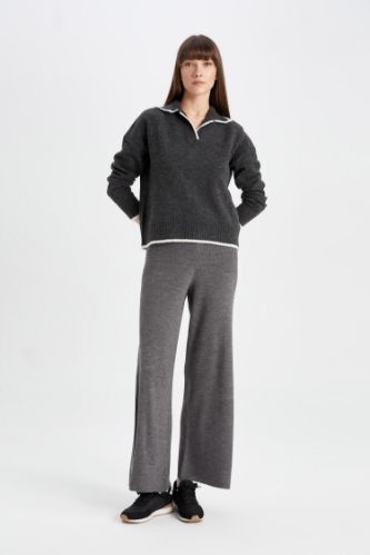 Triko Pantolon Flare Fit Geniş Paça Basic Düz Beli Lastikli