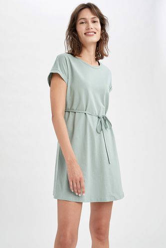 Basic Beli Bağcıklı Yazlık Kısa Kollu Mini Elbise