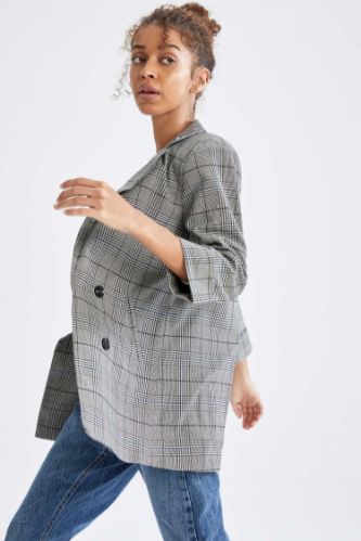 Indigo WOMAN Checked Oversize Fit Half Sleeve Blazer 1860917 DeFacto