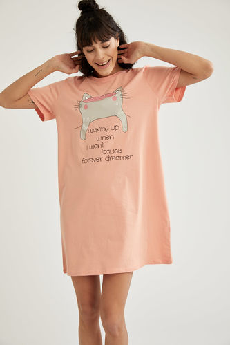 Short-Sleeved Regular Fit Knitted Cat Print Dress