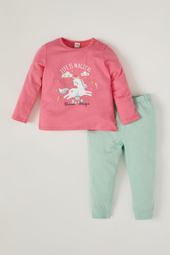 Kız Bebek Unicorn Baskılı Pamuklu Sweatshirt ve Eşofman Alt Takımı