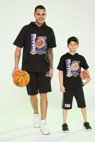 NBA Lisanslı Los Angeles Lakers Baskılı Oversize Fit Kapüşonlu Kısa Kollu Tişört