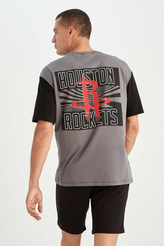 DeFactoFit NBA Houston Rockets Oversize Fit Sırt Baskılı Bisiklet Yaka Kısa Kollu Pamuklu Penye Tişört