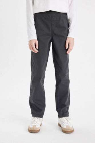 Erkek Çocuk Düz Paça Beli Lastikli Cepli Antrasit Gabardin Basic Düz Okul Pantolonu