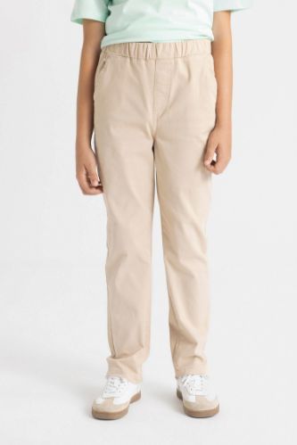 Erkek Çocuk Düz Paça Beli Lastikli Cepli Bej Basic Düz Gabardin Okul Pantolonu
