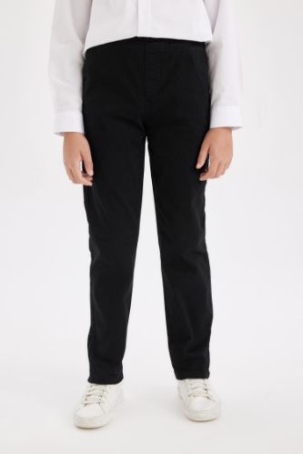 Erkek Çocuk Düz Paça Beli Lastikli Cepli Basic Düz Siyah Gabardin Okul Pantolonu