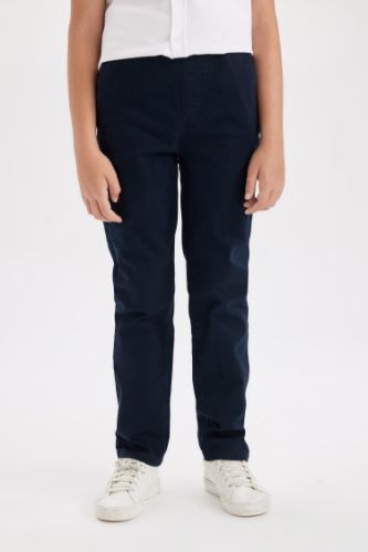 Erkek Çocuk Düz Paça Beli Lastikli Cepli Lacivert Basic Düz Gabardin Okul Pantolonu