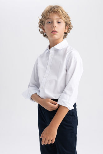 Erkek Çocuk Beyaz Keten Görünümlü Uzun Kollu Okul Gömleği