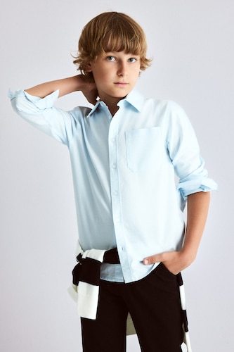 Boys & Teens Light Blue قميص ولادي ردن طويل أوكسفورد قصة عادية