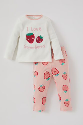 Kız Bebek Çilek Baskılı Uzun Kollu Pamuklu Pijama Takımı