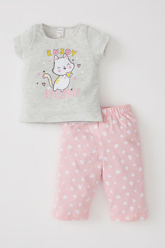 Kız Bebek Sevimli Kedi Kısa Kol Pijama Takımı