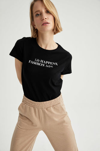 T-shirt décontracté à manches courtes en coton imprimé à slogan