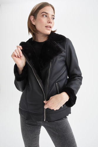 Long Sleeve Plush Fur Detailed Faux Leather Jacket