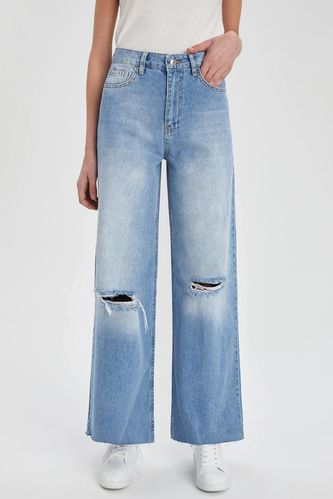 Wide Leg Ripped Detailed Jean Trousers