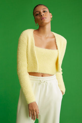 Relaxed Fit Fuzzy Long Sleeve Cropped Cardigan
