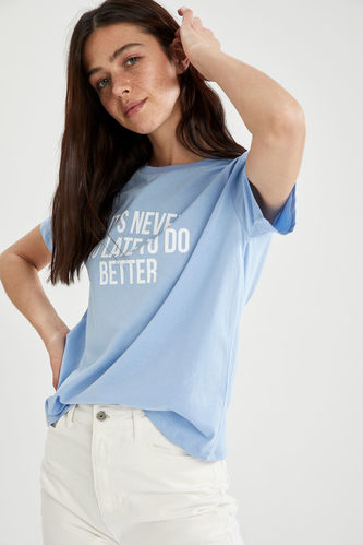 T-shirt décontracté à manches courtes en coton imprimé à slogan