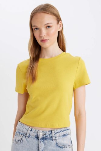 Coool Fitted Bisiklet Yaka Ribana Basic Düz Kısa Kollu Tişört