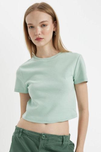 Coool Fitted Ribana Basic Düz Crop Kısa Kollu Tişört
