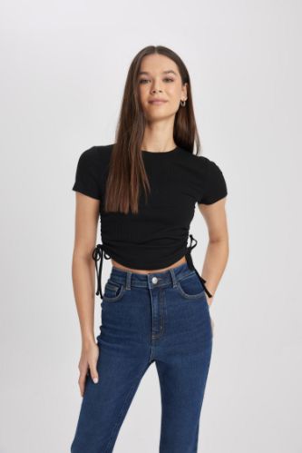 Noir FEMME T shirt court ajust col ras du cou et manches