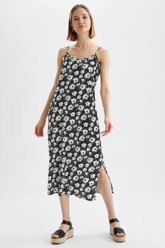 Çiçek Desenli İnce Askılı Relax Fit Yazlık Midi Elbise
