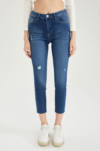 Vintage Slim Fit Yüksek Bel Yırtık Detaylı Jean Pantolon