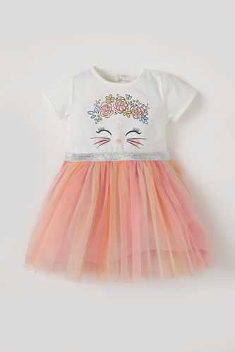 Kız Bebek Çiçek Baskılı Kısa Kol Pamuklu Tül Elbise