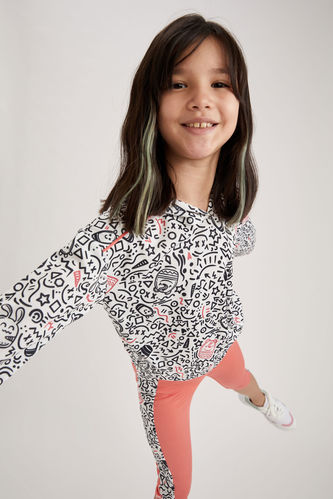 Kız Çocuk Bisiklet Yaka Desenli Crop Sweatshirt