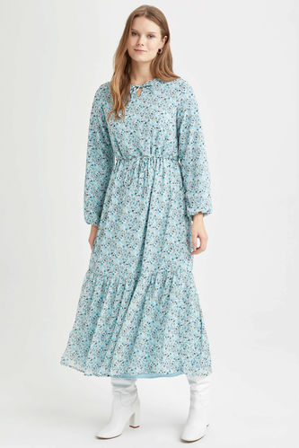 Modest- Relaxed Fit Patterned Long Sleeve Maxi Dress